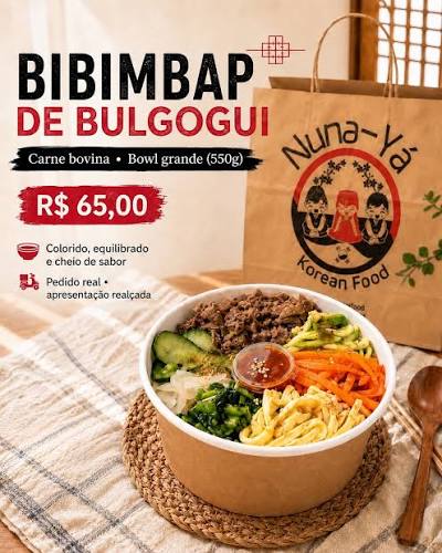Pedido da Nuna-Yá com bibimbap e acompanhamentos coreanos